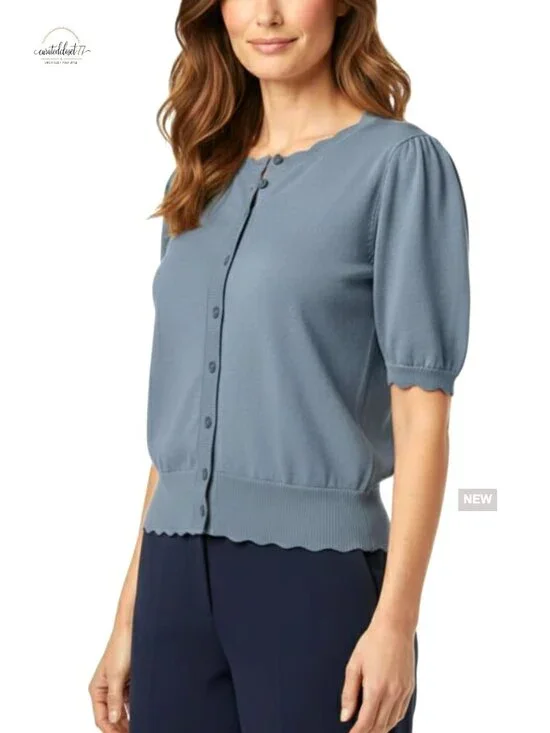 Short Sleeve Cardigan Puff Sleeves Scalloped Crewneck Button Up Lightweight - Picture 4 of 7